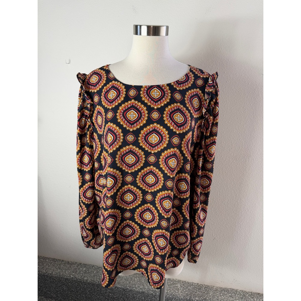 LOFT Womens XL Navy Medallion Ruffle Shoulder Long Sleeve Blouse Top